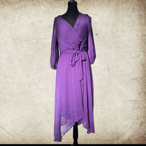 DKNY NWT Purple Chiffon Balloon Sleeve Wrap Dress 12 Whimsigoth Designer Wedding